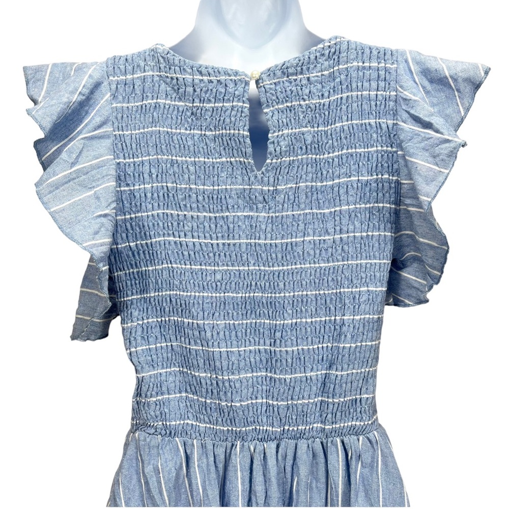 Simplee Linen Striped Smock Midi Dress‎ w/ Ruffled Cap Sleeve & 2 Pockets - Picture 7 of 9